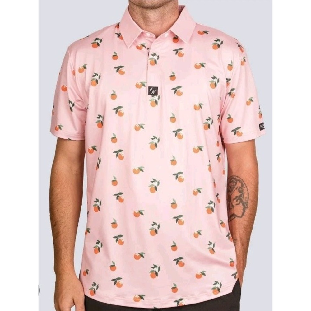 Full Wedge Golf‎ Polo Shirt Mens L Pink Performance Floral Orange Outdoor Sport